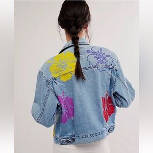 Free People x Tricia Fix Hibiscus Denim Jacket Hand Painted Floral Blue